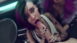 Two kinky chicks blow juicy cock and ride it on the staircases